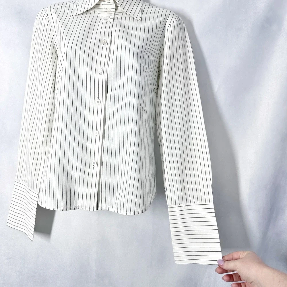 Vintage Jenne Maag Pinstripe Cream Tuxedo Button Down Shirt Women's Size 4P